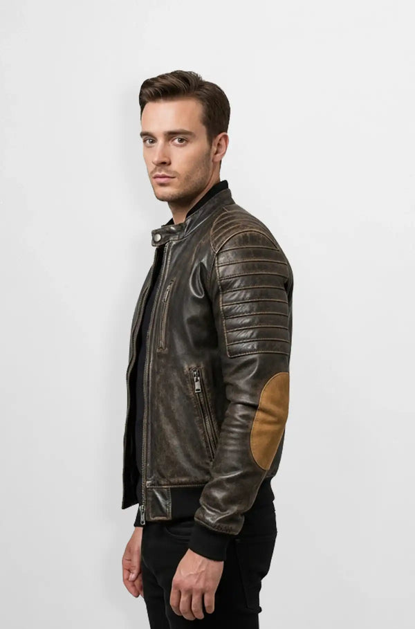 Vintage Leather Bomber Jacket with Quilted Shoulders
