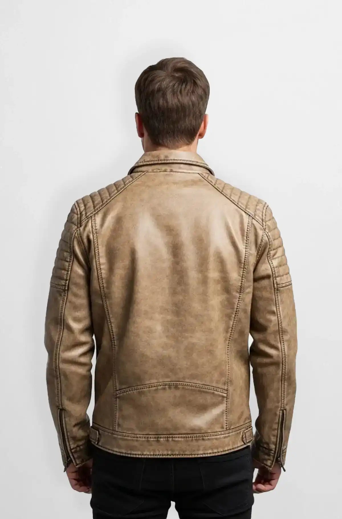 Vintage Tan Leather Biker Jacket Back View