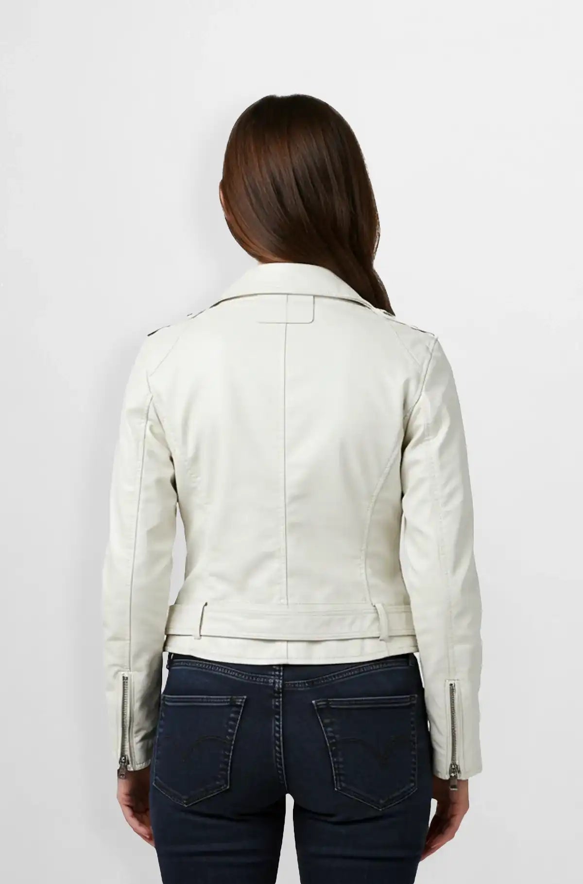 White Biker Leather Jacket Back view