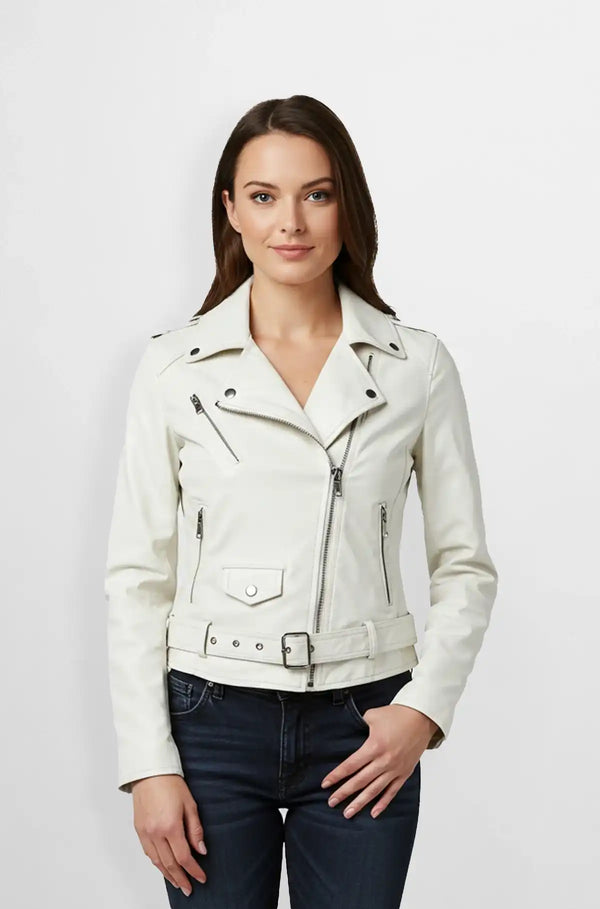 White Biker Leather Jacket Front view