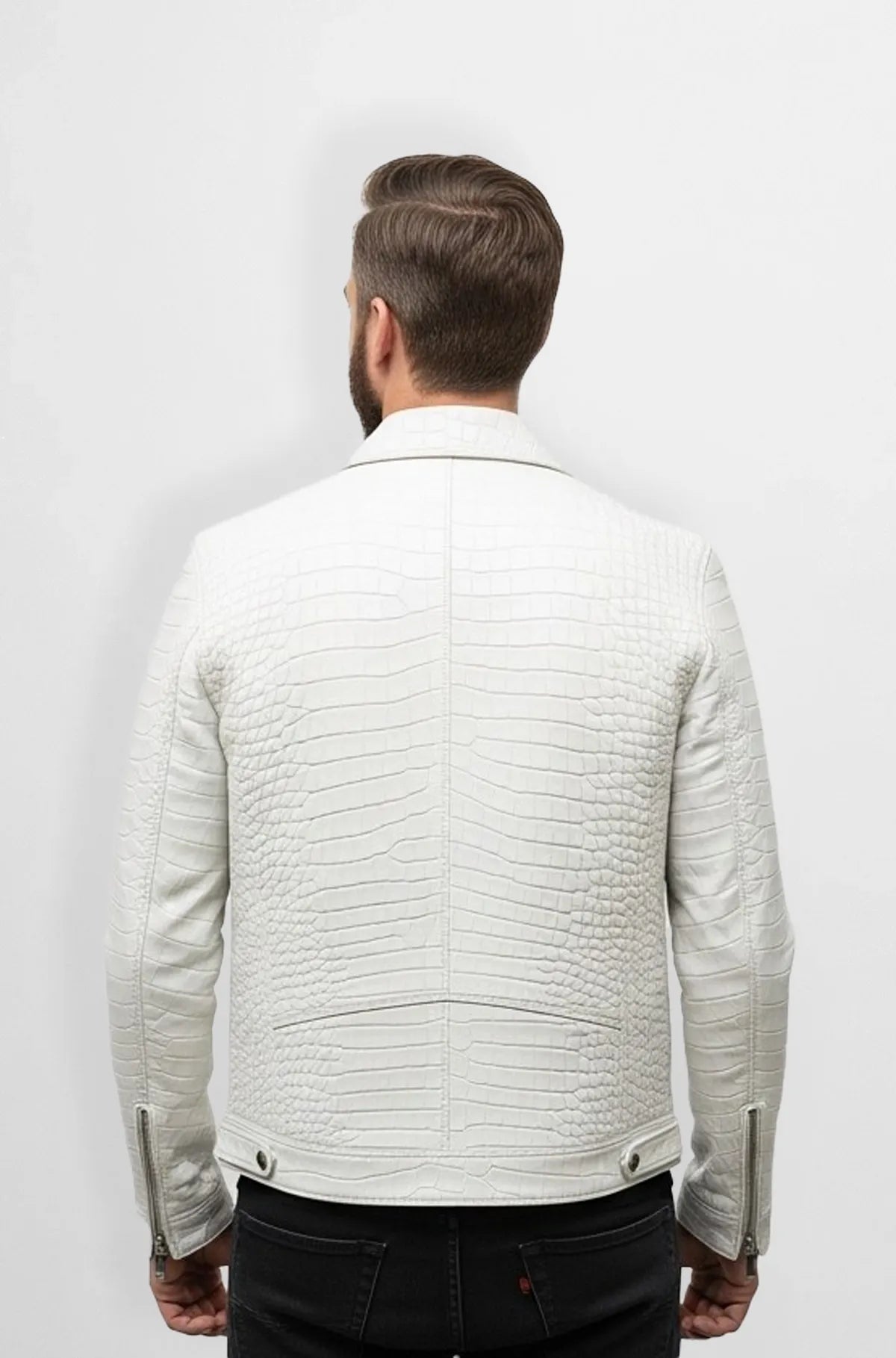 White Crocodile Leather Biker Jacket Back view