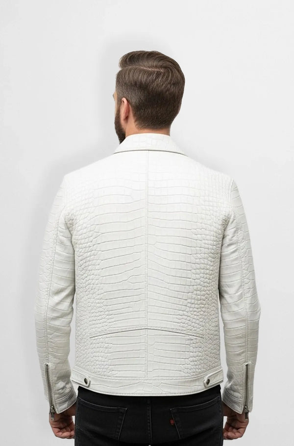 White Crocodile Leather Biker Jacket Back view