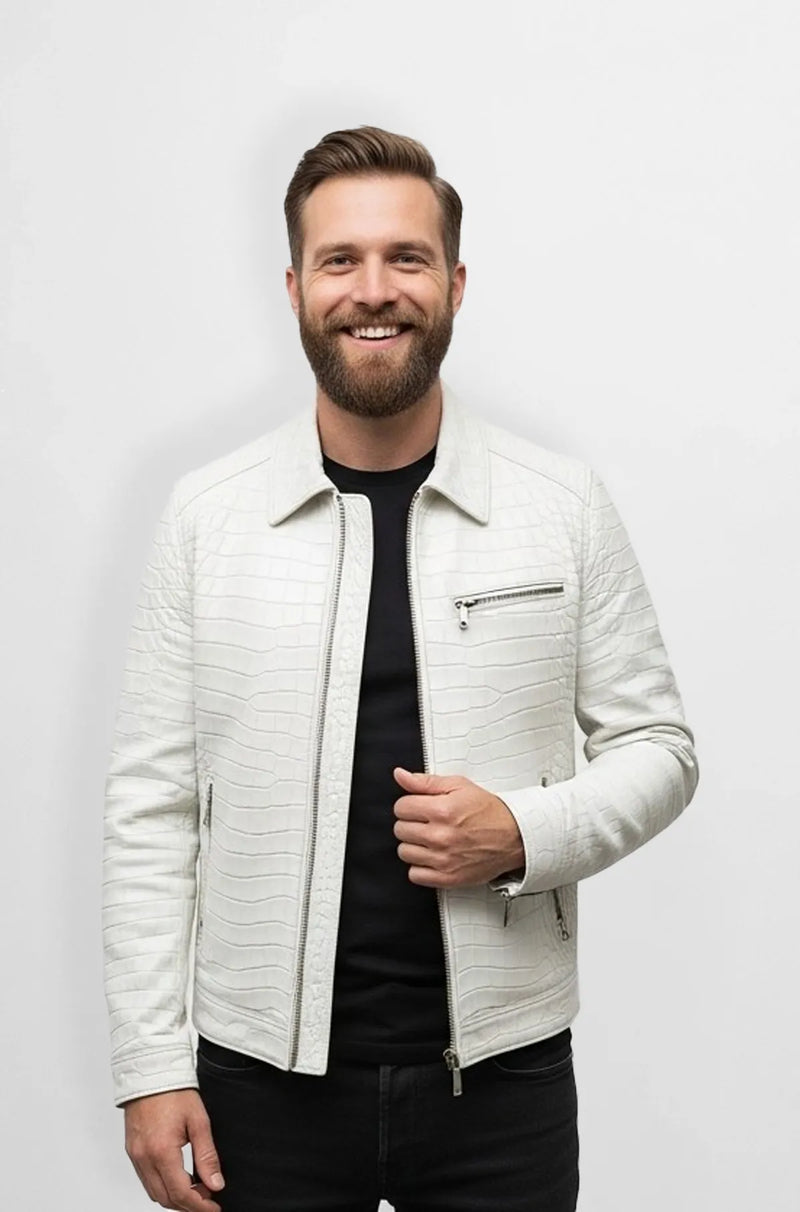 White Crocodile Leather Biker Jacket Front view