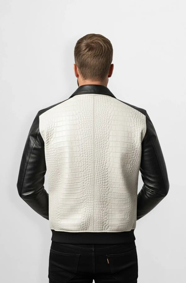 White Crocodile Leather Bomber Jacket Back view
