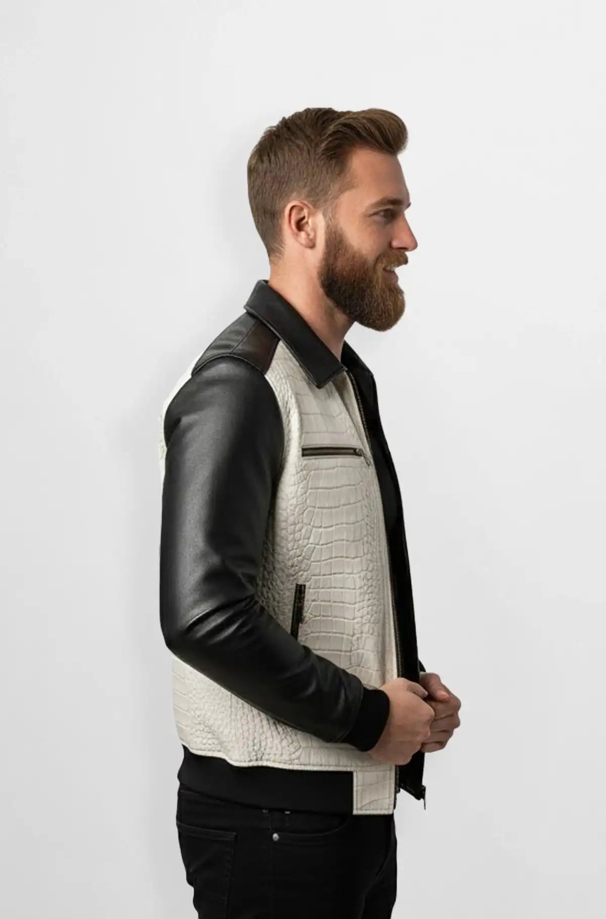 White Crocodile Leather Bomber Jacket Side view