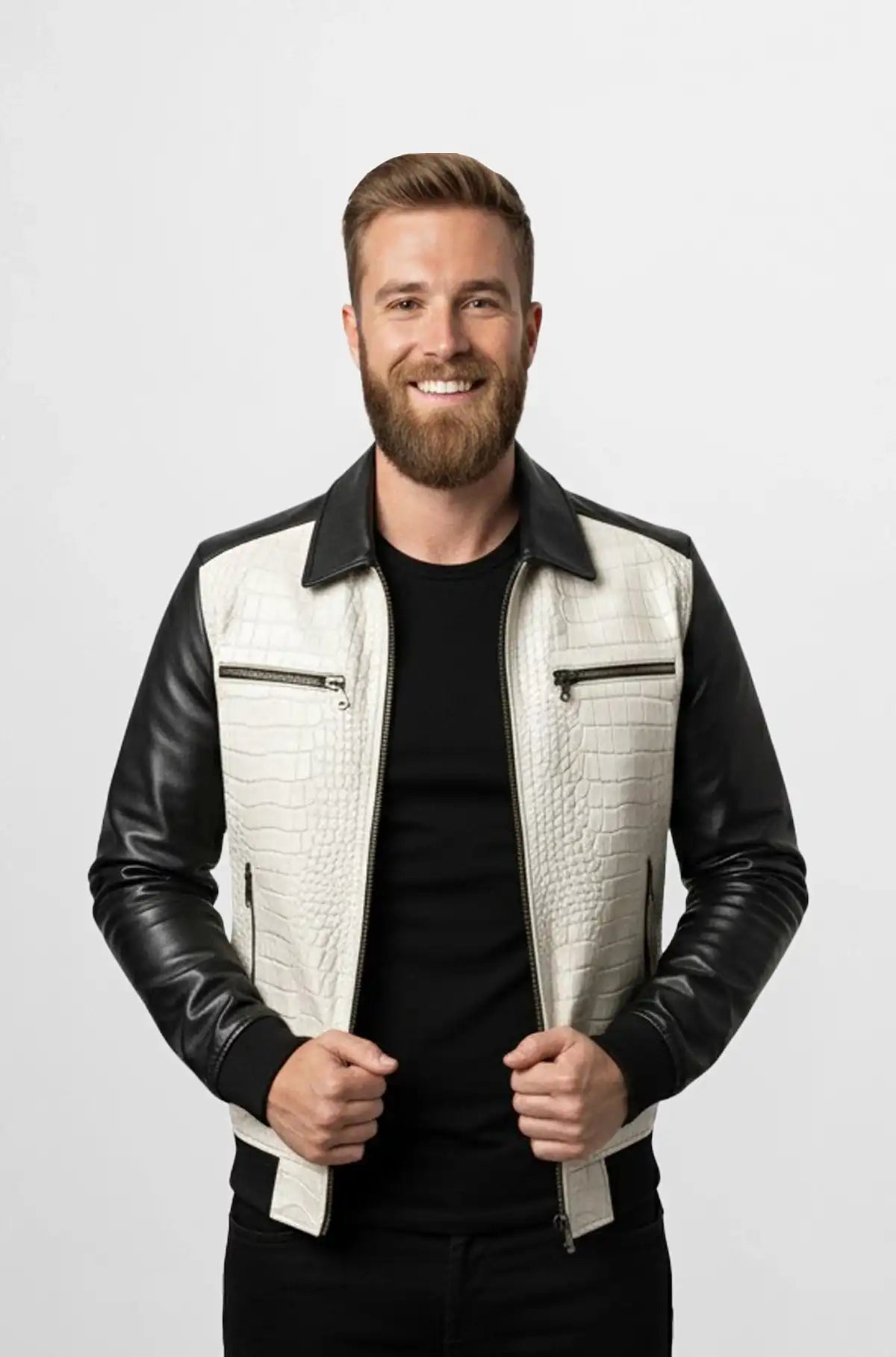 White Crocodile Leather Bomber Jacket Front view