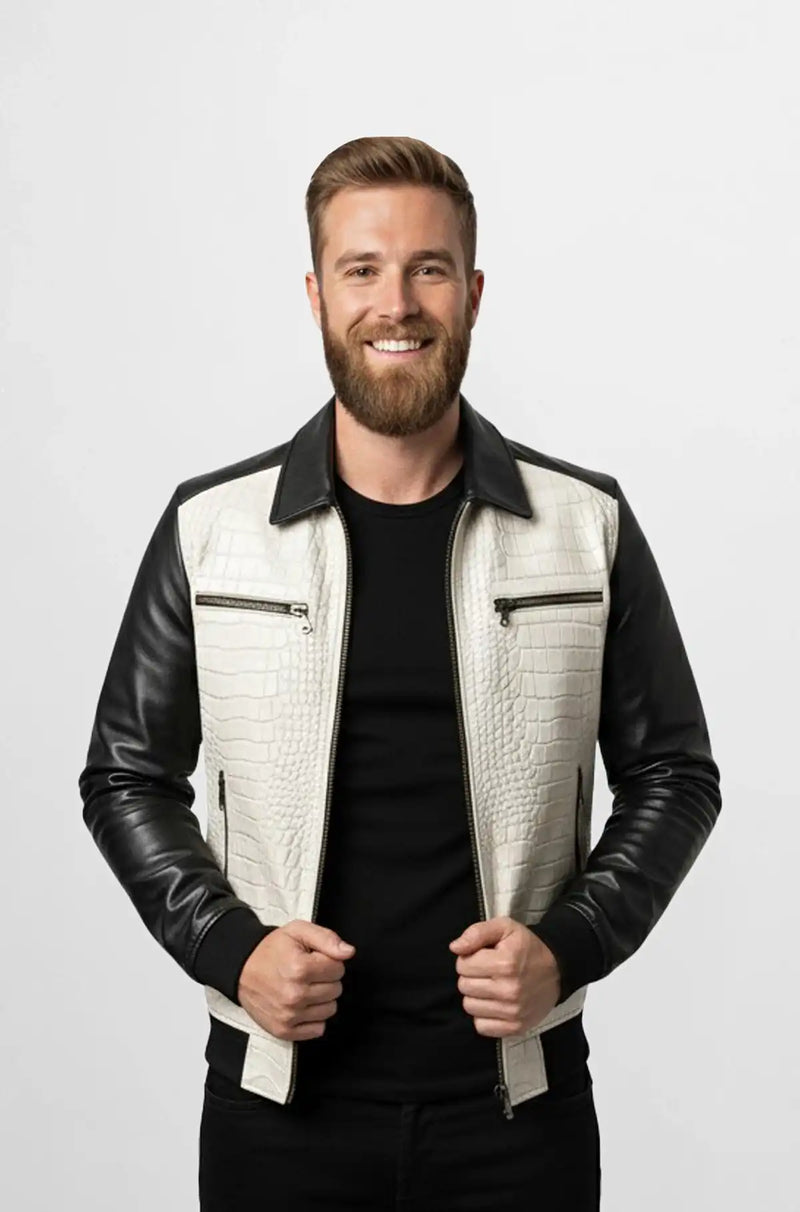 White Crocodile Leather Bomber Jacket Front view