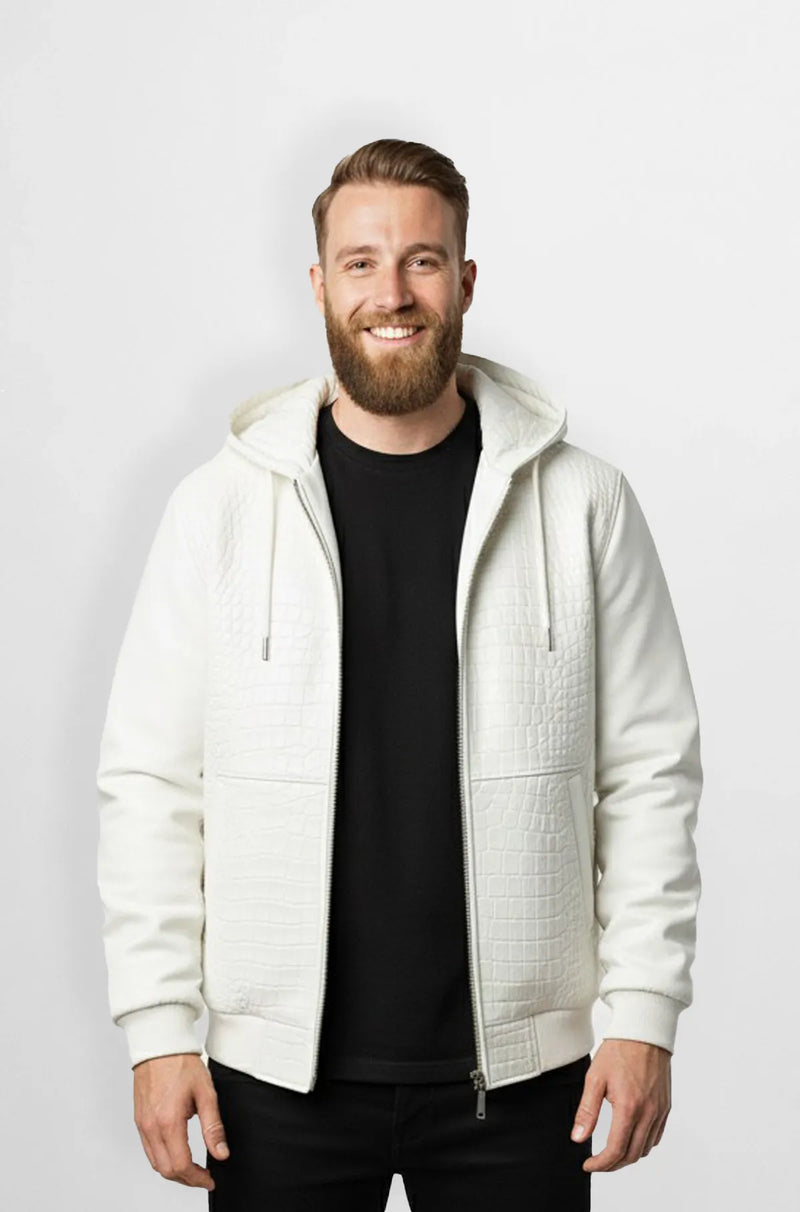 White Crocodile Leather Hooded Bomber Jacket Front view