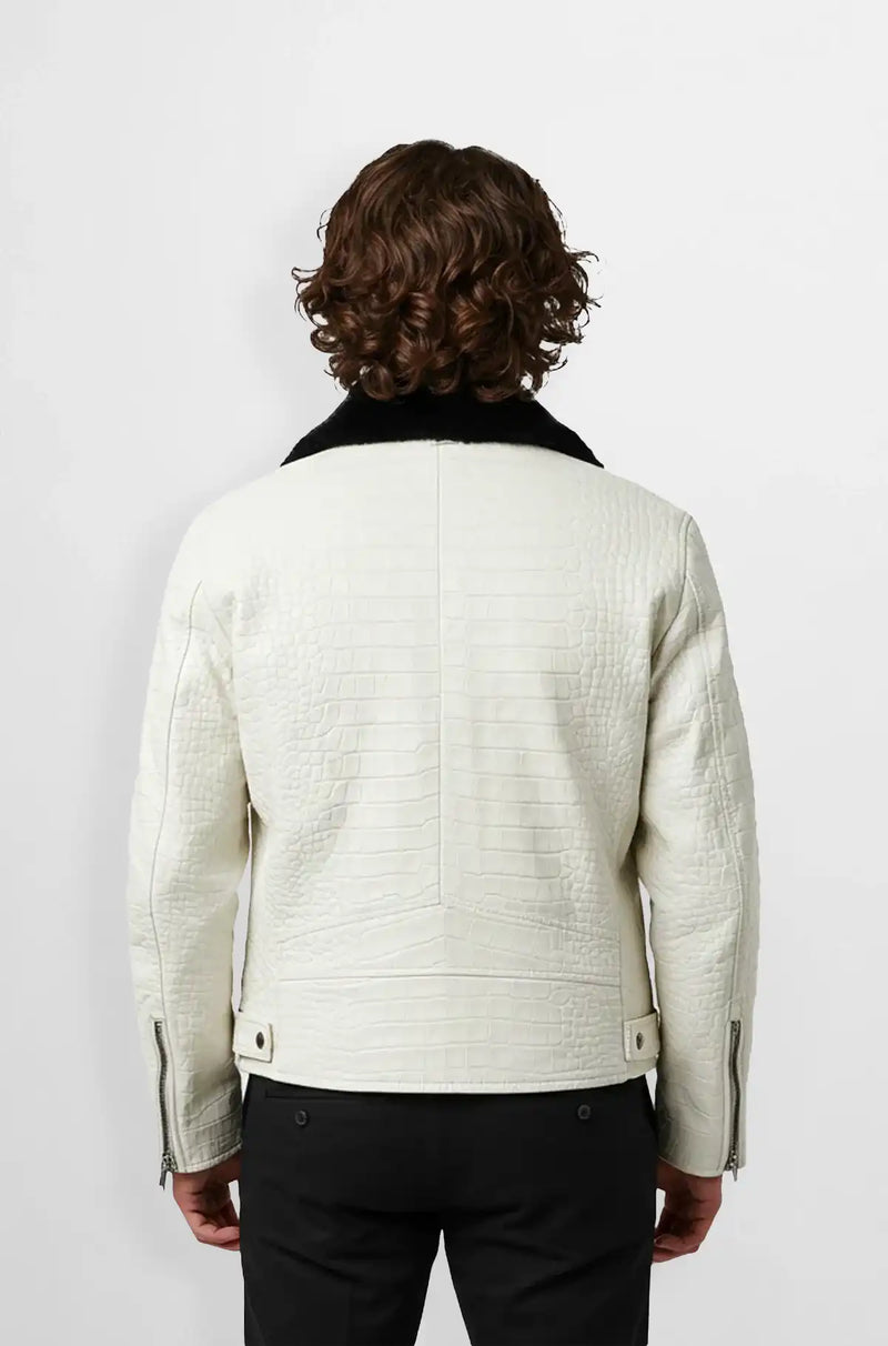 White Crocodile Shearling Biker Leather Jacket Back view