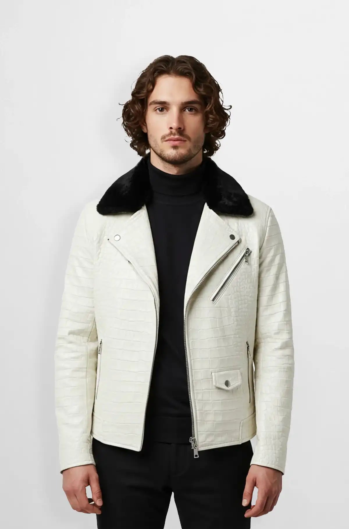 White Crocodile Shearling Biker Leather Jacket Front view