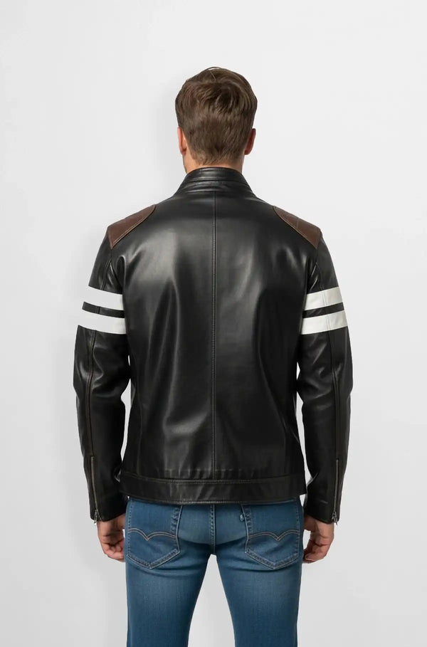 White Stripes Black Leather Biker Jacket Back view