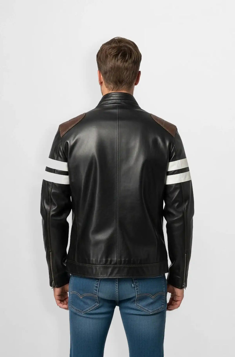 White Stripes Black Leather Biker Jacket Back view