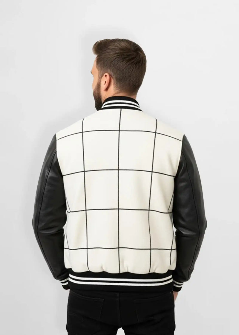 White Windowpane Wool Leather Varsity Jacket Back view