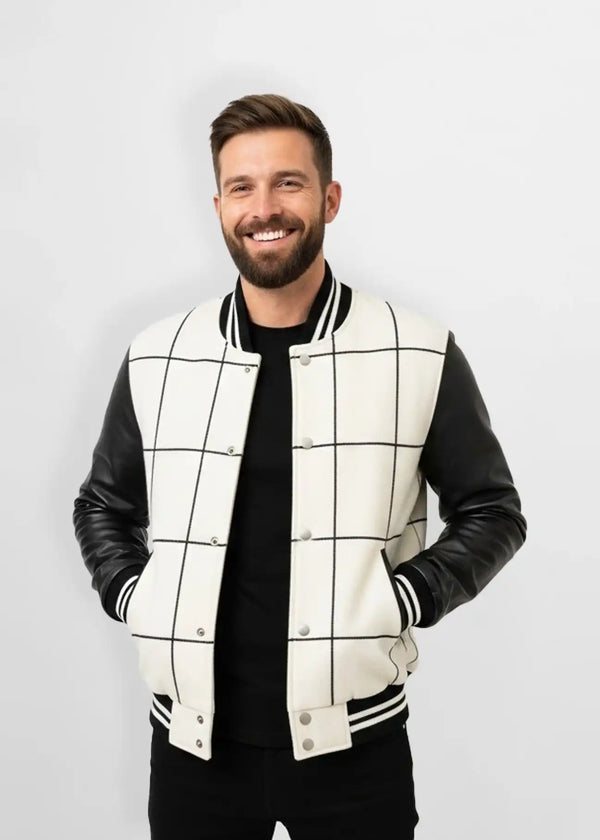 White Windowpane Wool Leather Varsity Jacket Front view