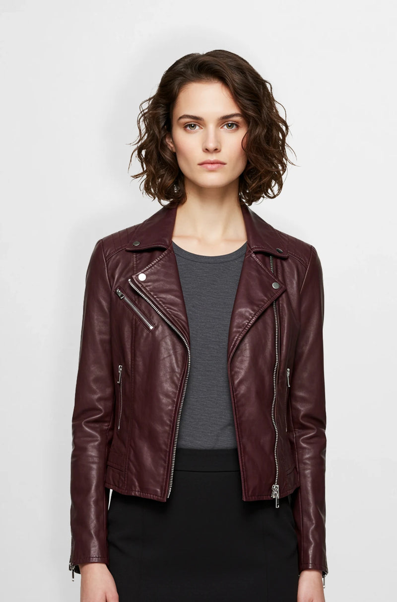 Wine Leather Biker Jacket For Womens Front view
