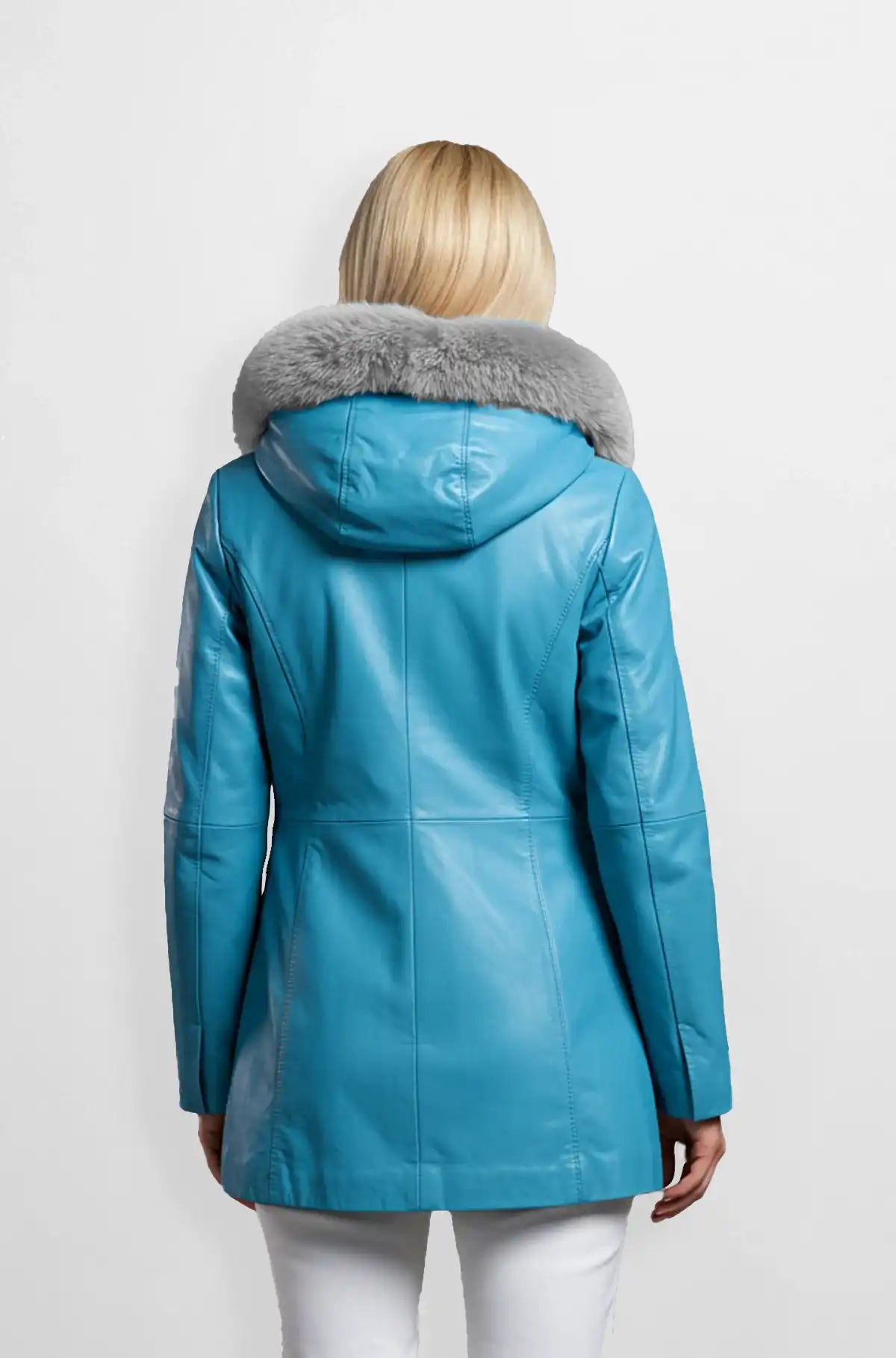 Women Aqua Blue Leather Coat Back view
