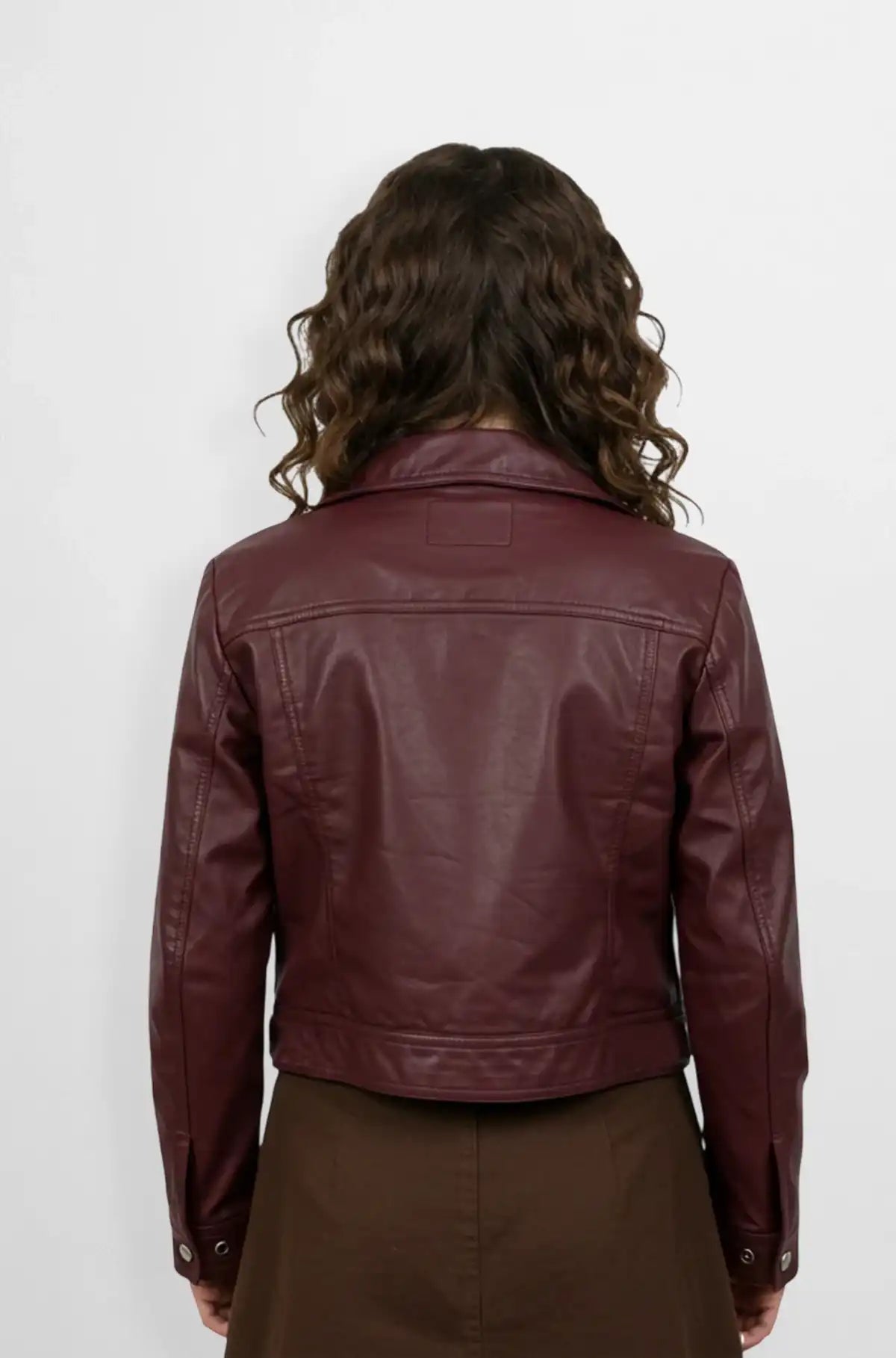 Women Burgundy Leather Trucker Jacket Back view