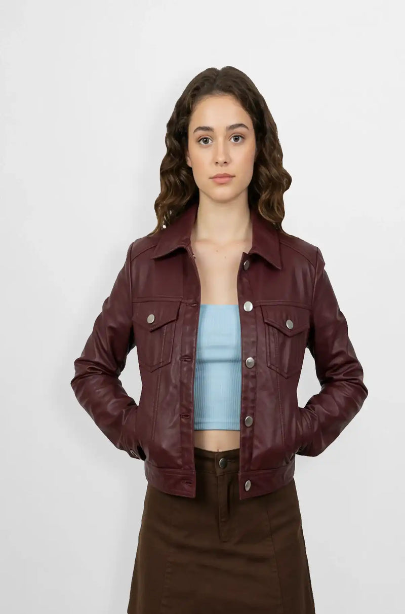 Women Burgundy Leather Trucker Jacket Front view