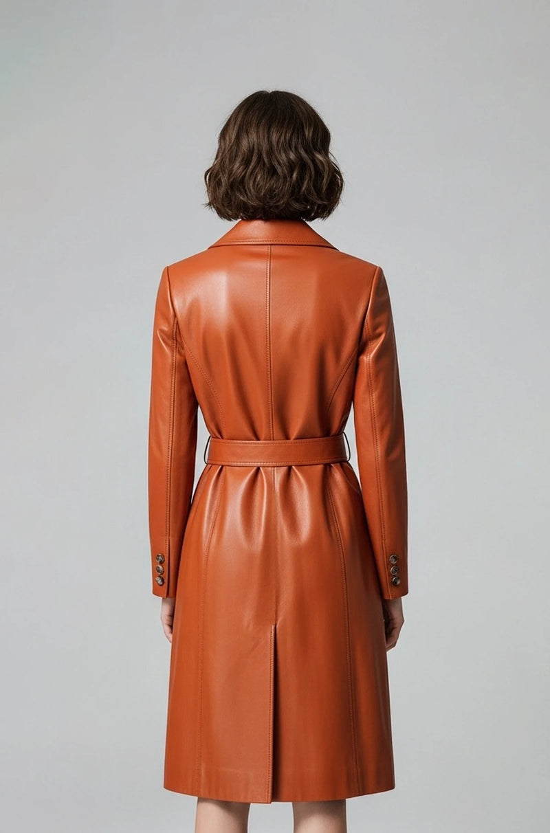Women Cognac Leather Trench Coat Back view