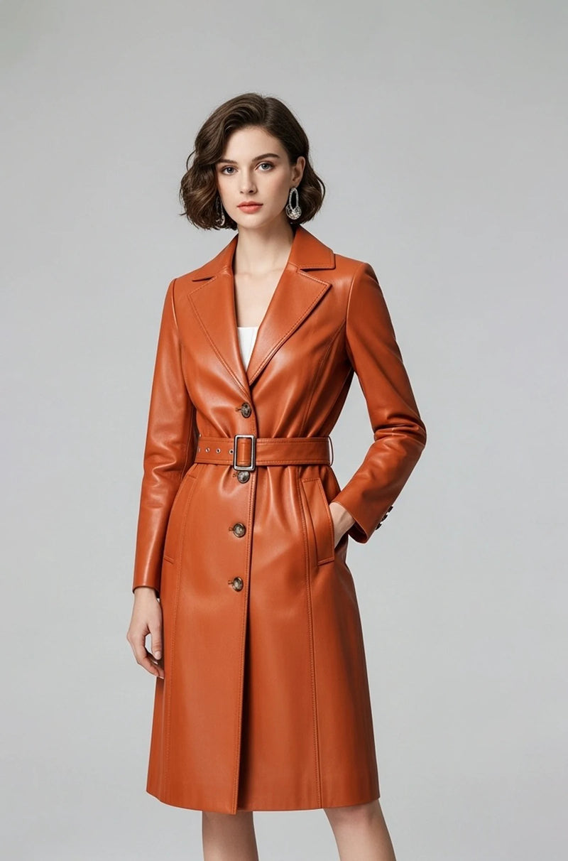 Women Cognac Leather Trench Coat Front view