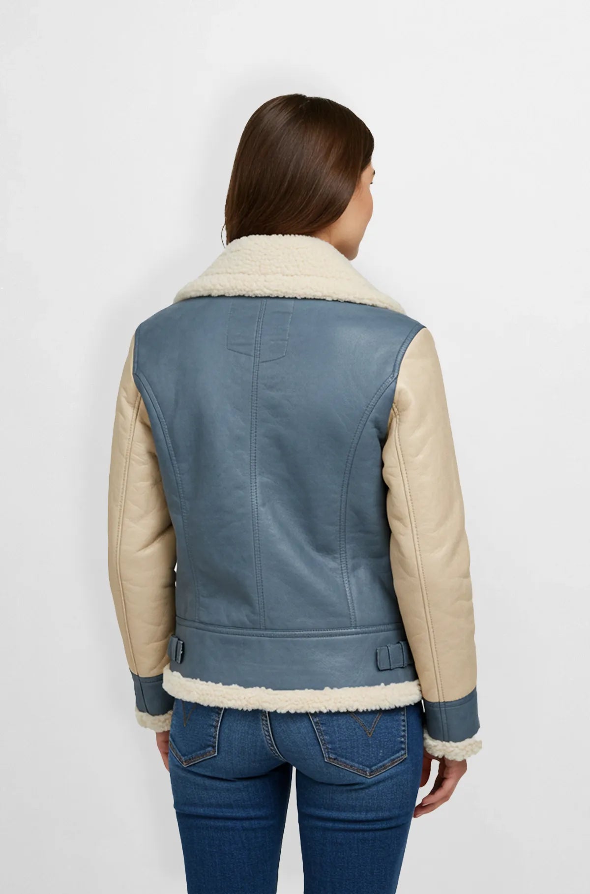 Women Dusty Blue Shearling Leather Aviator Jacket Back view