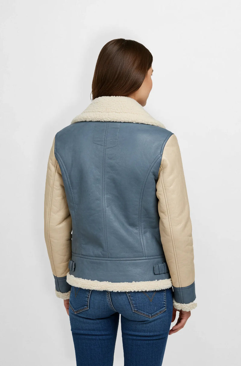 Women Dusty Blue Shearling Leather Aviator Jacket Back view