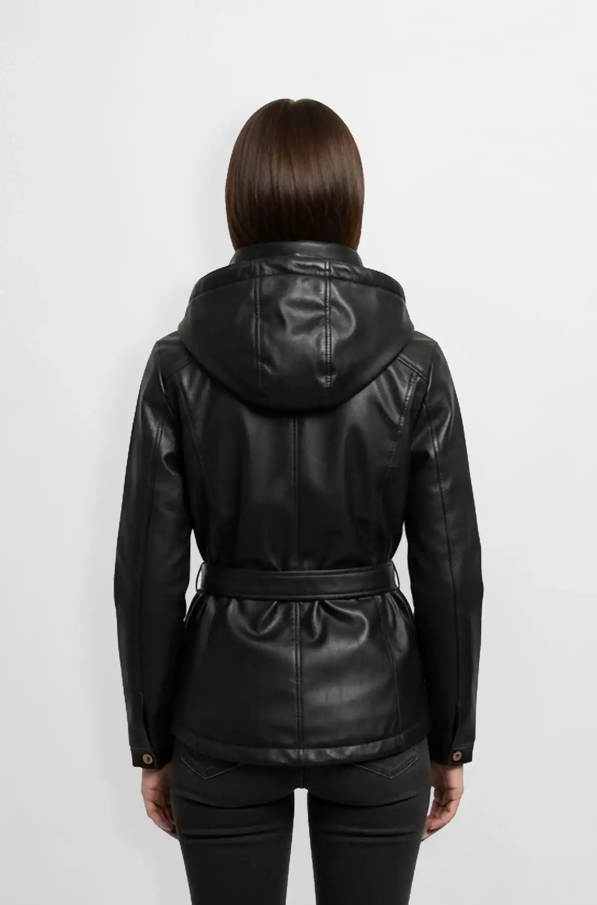 Women Midnight Black Hooded Leather Blazer Back view