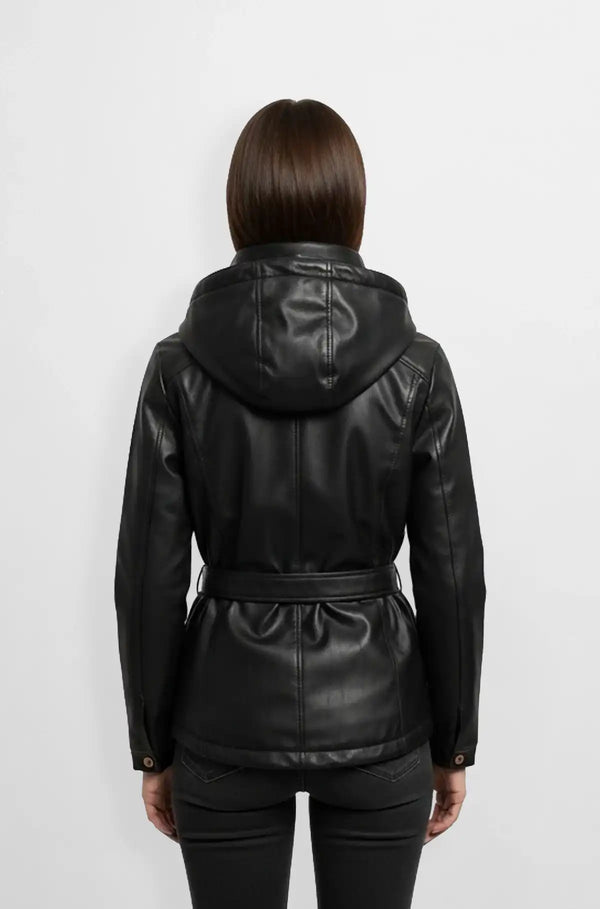 Women Midnight Black Hooded Leather Blazer Back view
