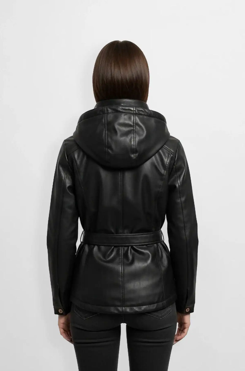 Women Midnight Black Hooded Leather Blazer Back view