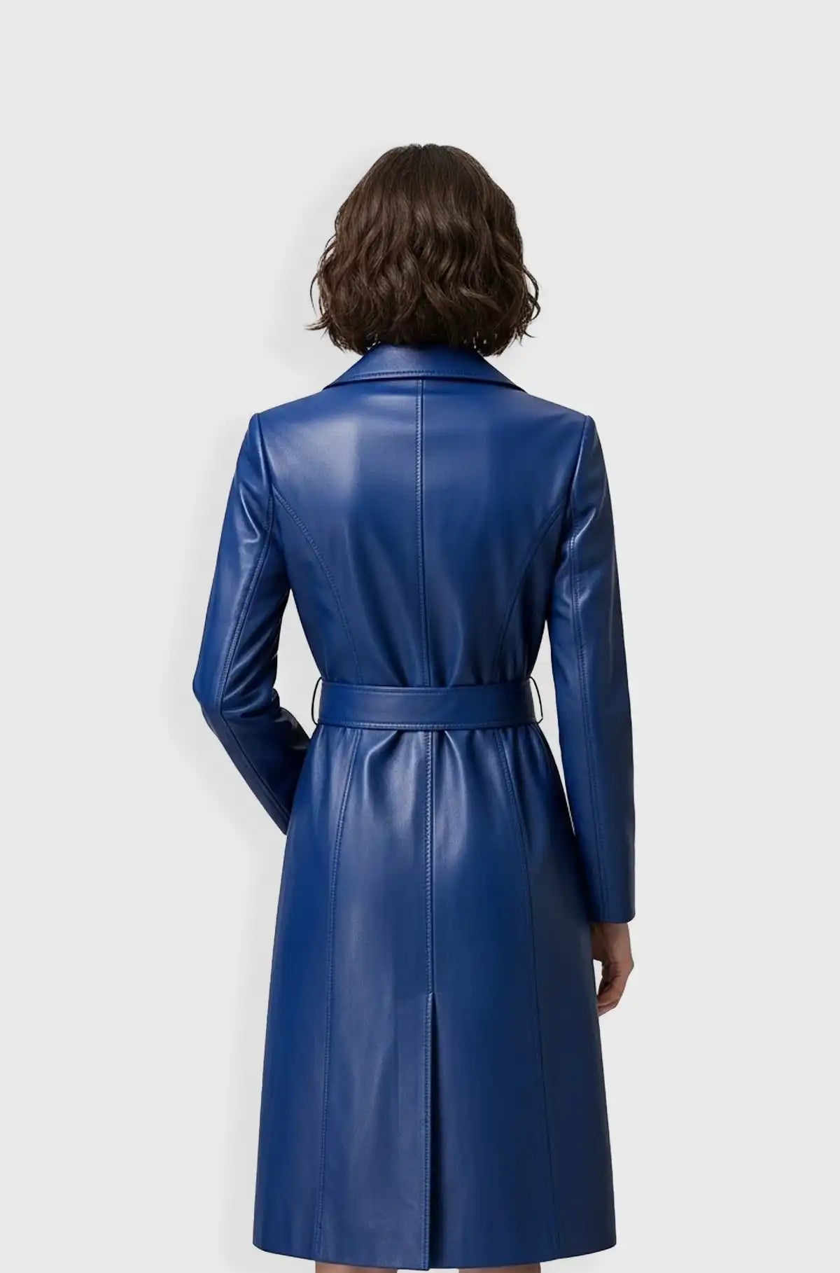 Women Navy Blue Leather Trench Coat Back view