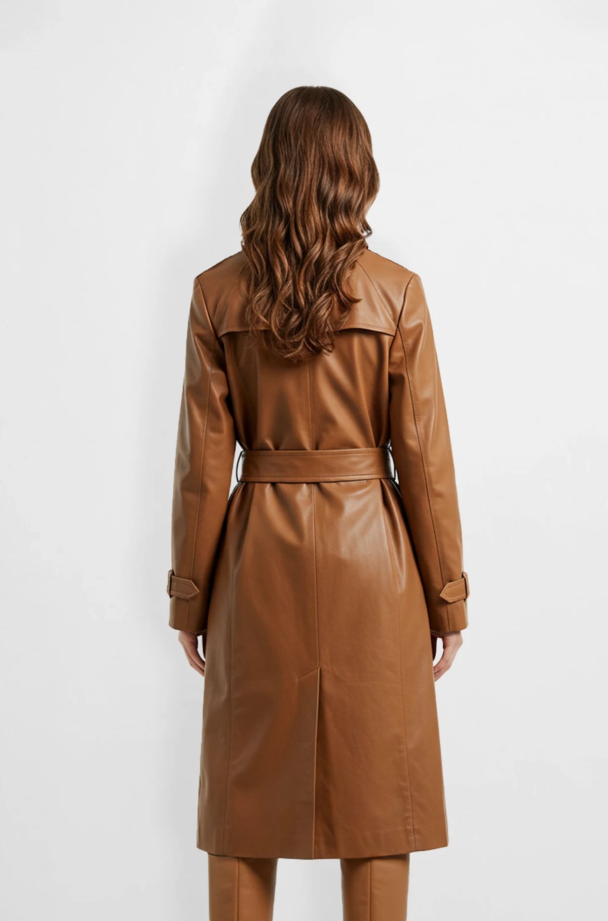 Women Brown Leather Trench Coat Back view