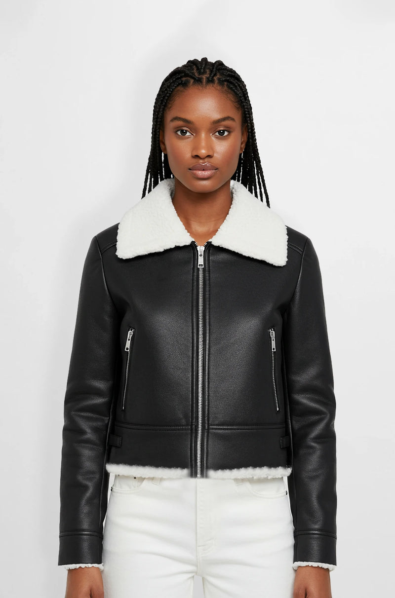 Women's Black Leather Shearling Jacket front view