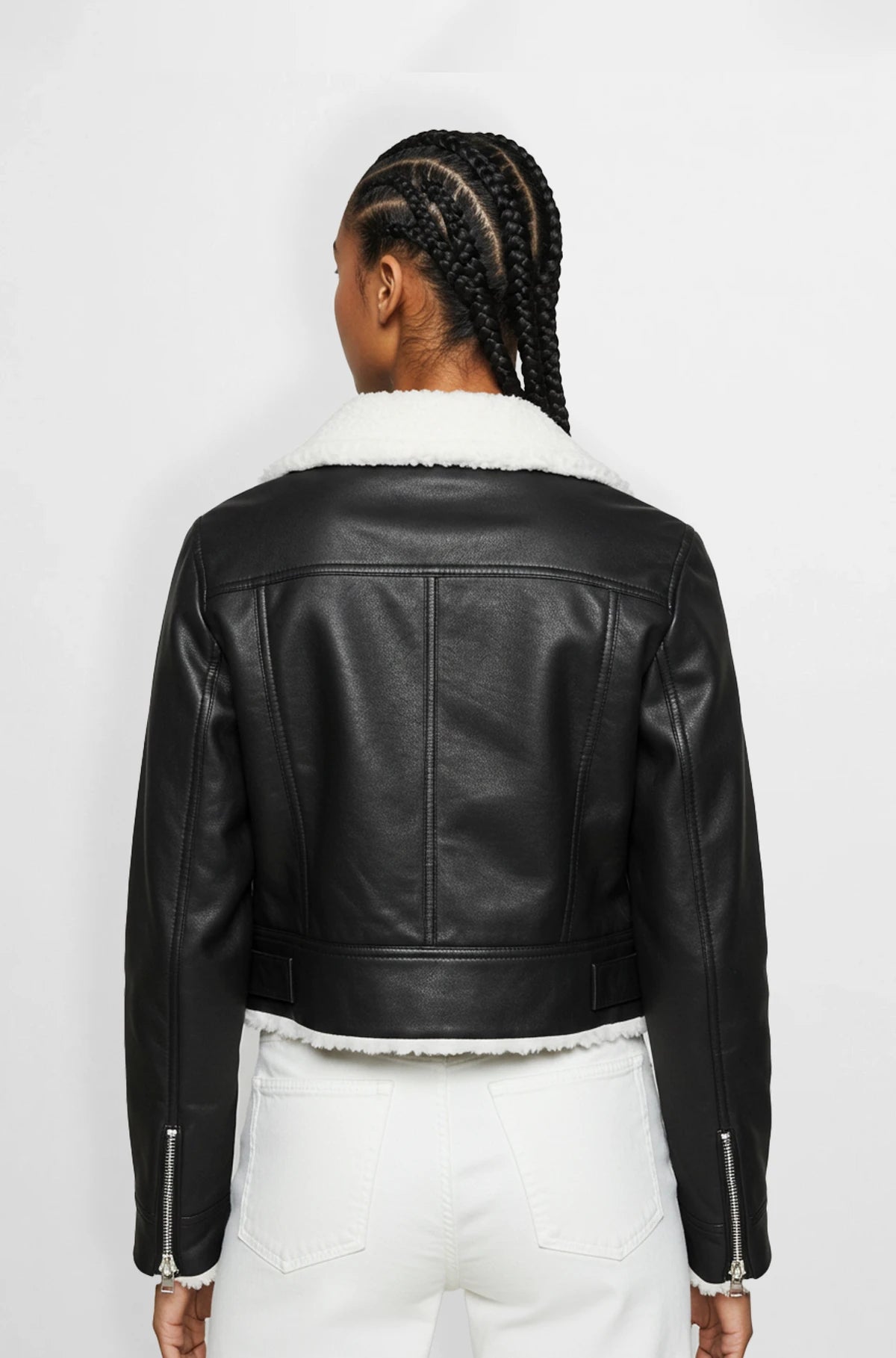 Women's Black Leather Shearling Jacket back view