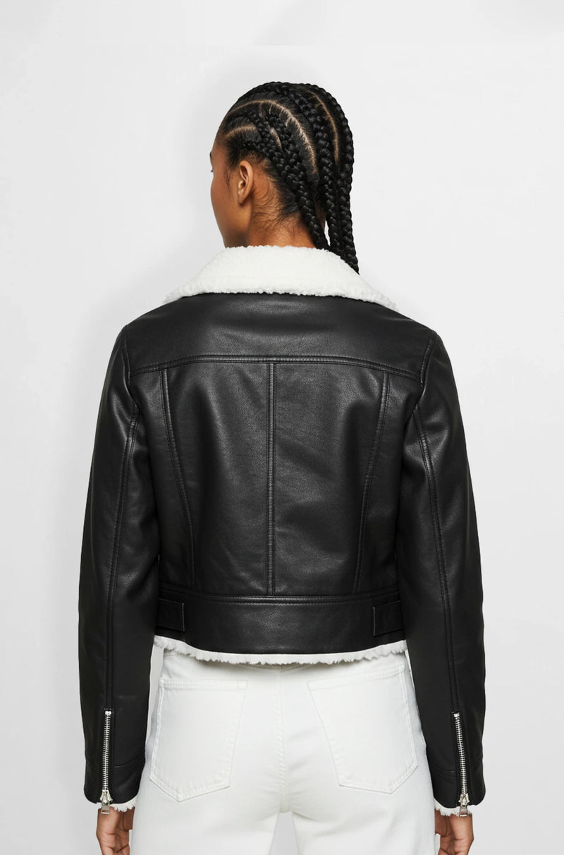 Women's Black Leather Shearling Jacket back view
