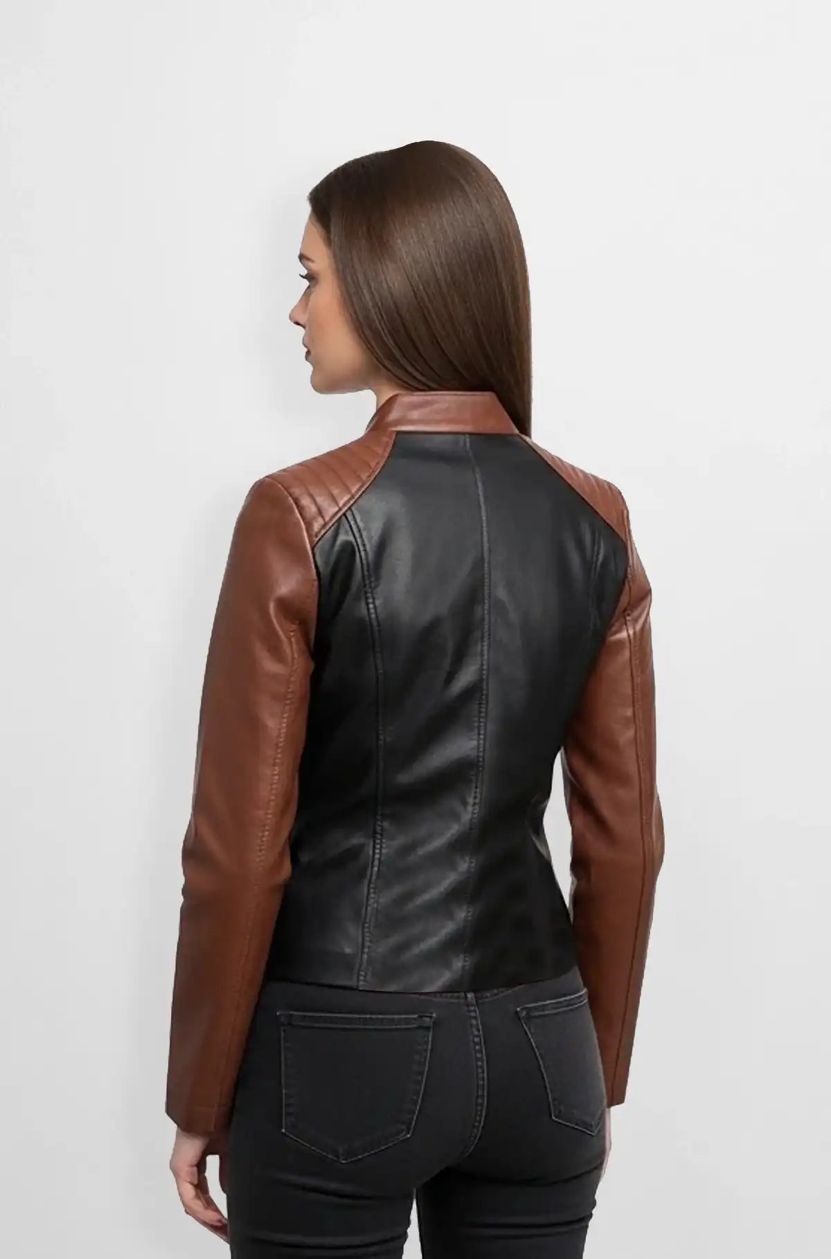 Women's Black and Brown Leather Biker Jacket