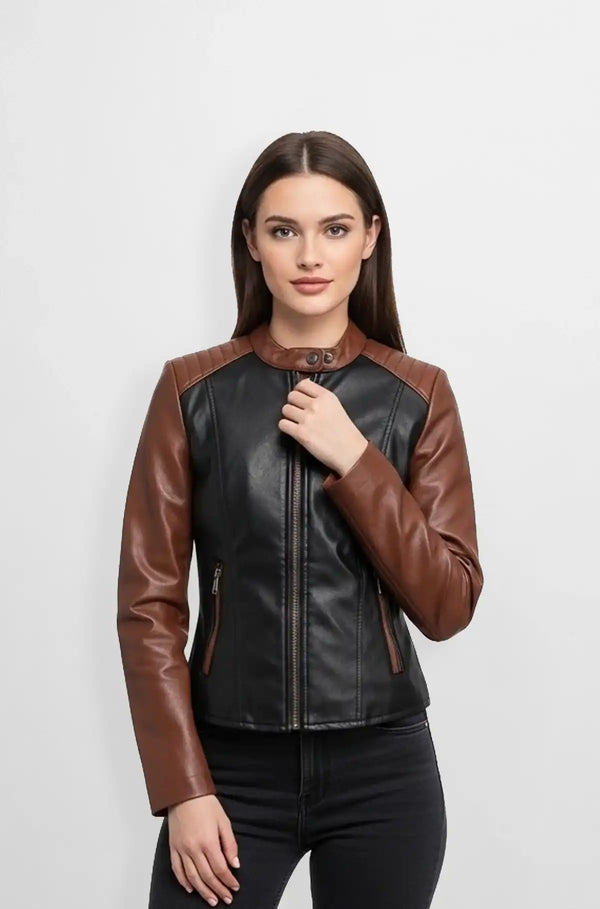 Women's Black and Brown Leather Biker Jacket