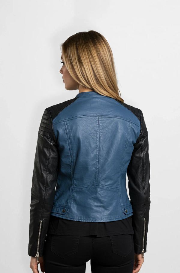 Womens Blue and Black Leather Biker Jacket