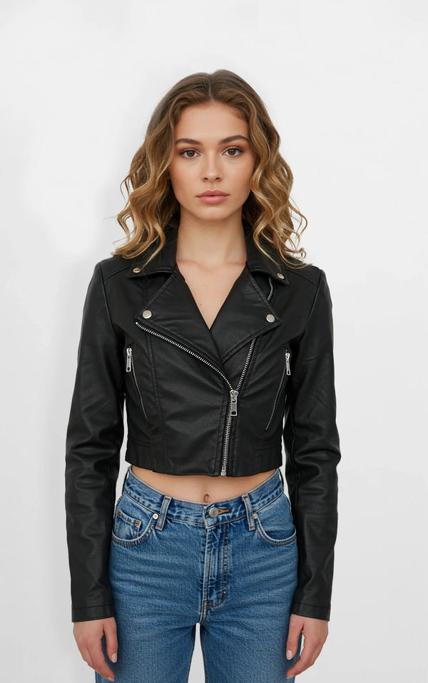 Women's Cropped Faux Leather Biker Jacket