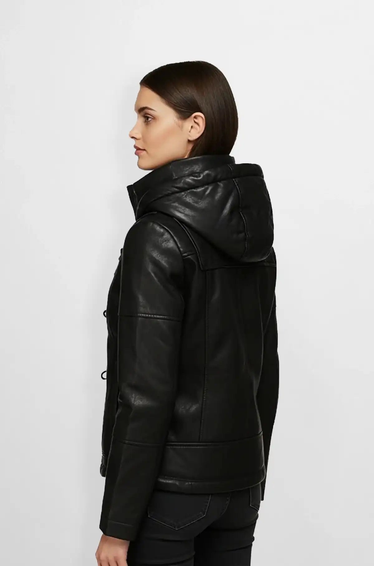 Women's Hooded Duffle Leather Jacket back view