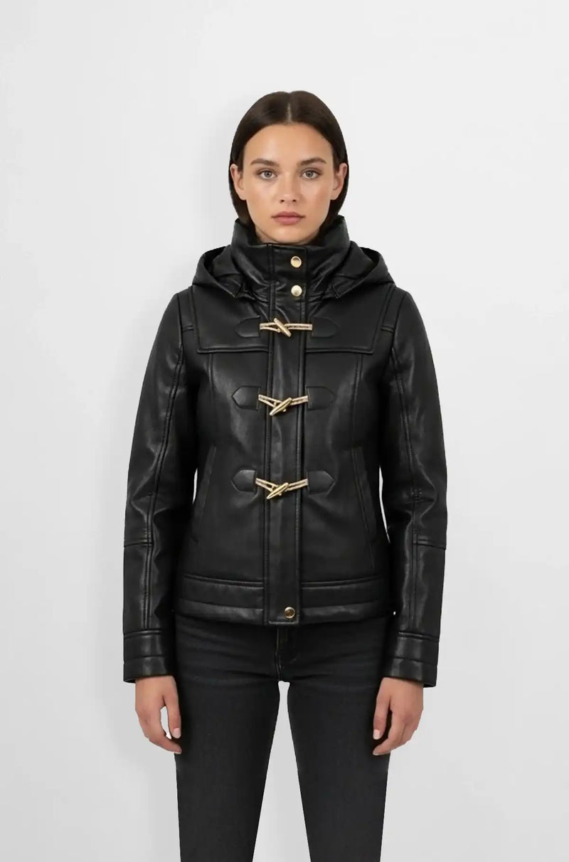 Womens Hooded Duffle Leather Jacket front view
