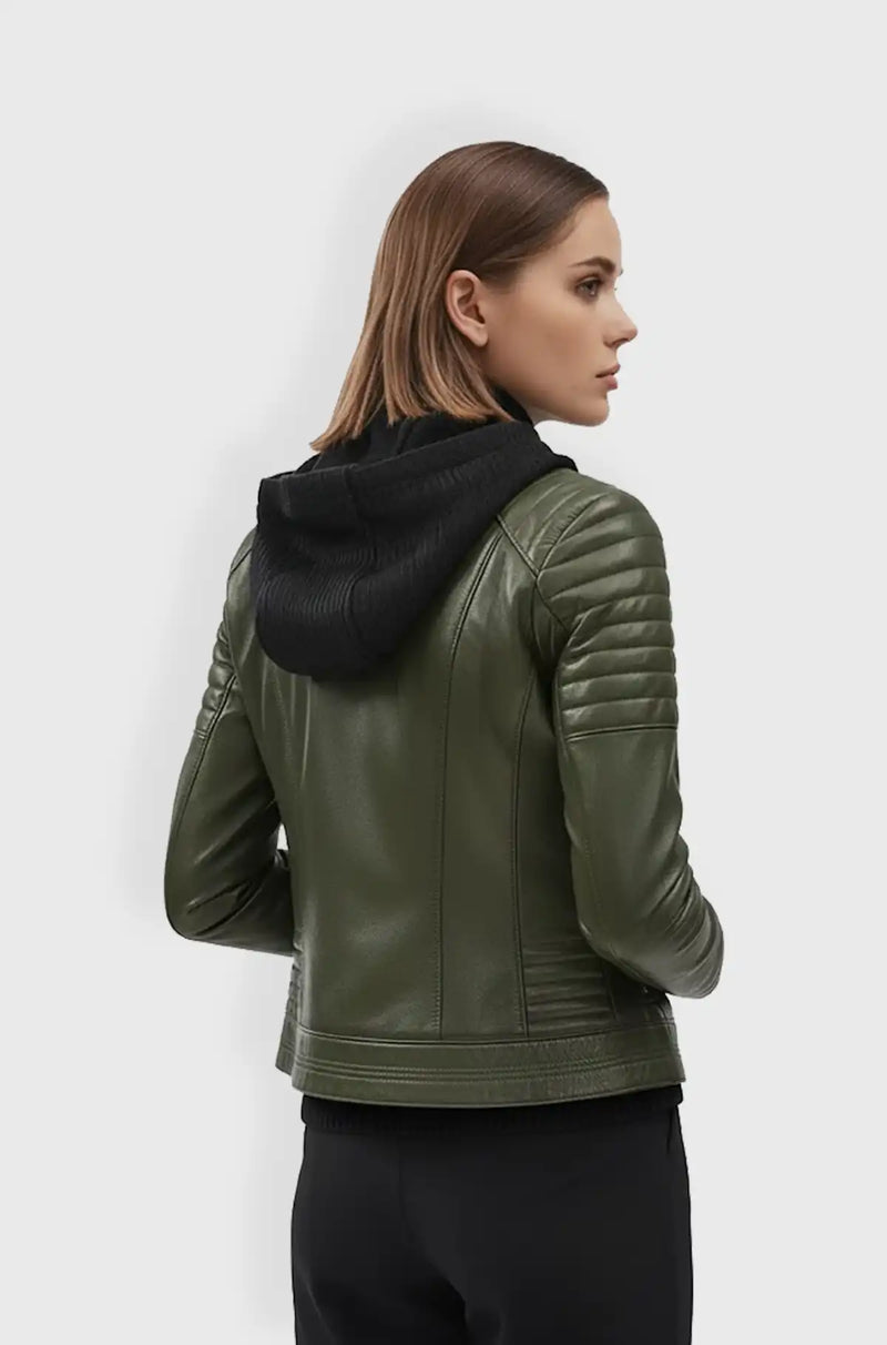 Womens Olive Green Leather Biker Jacket with Hoodie