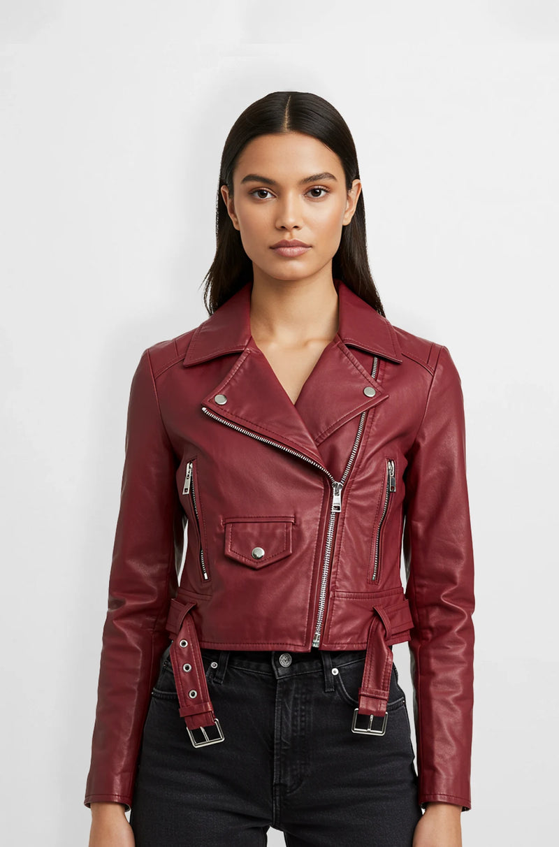 Women's Premium Burgundy Leather Biker Jacket front view