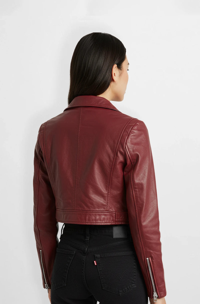 Women's Premium Burgundy Leather Biker Jacket back view