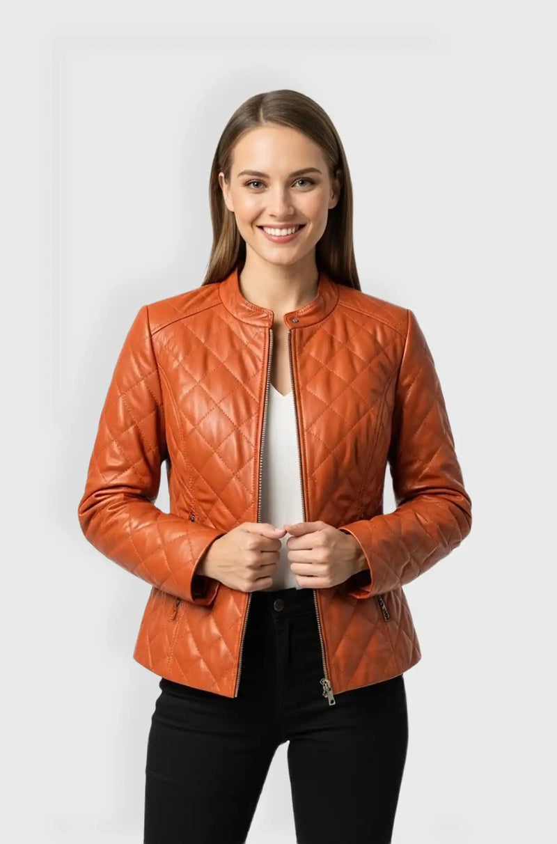 Womens Orange Quilted Leather Jacket