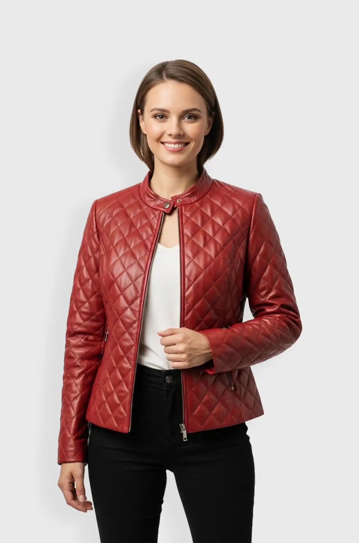 Womens Quilted Red Leather Moto Jacket