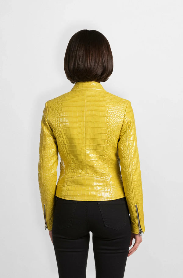 Yellow Crocodile Leather Jacket for Women
