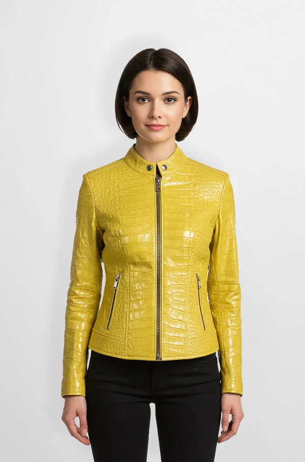 Yellow Crocodile Leather Jacket for Women