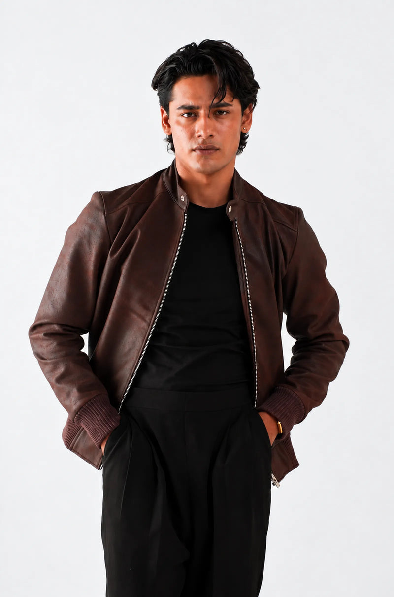 Dark Brown Leather Bomber Jacket with Stand Up Collar