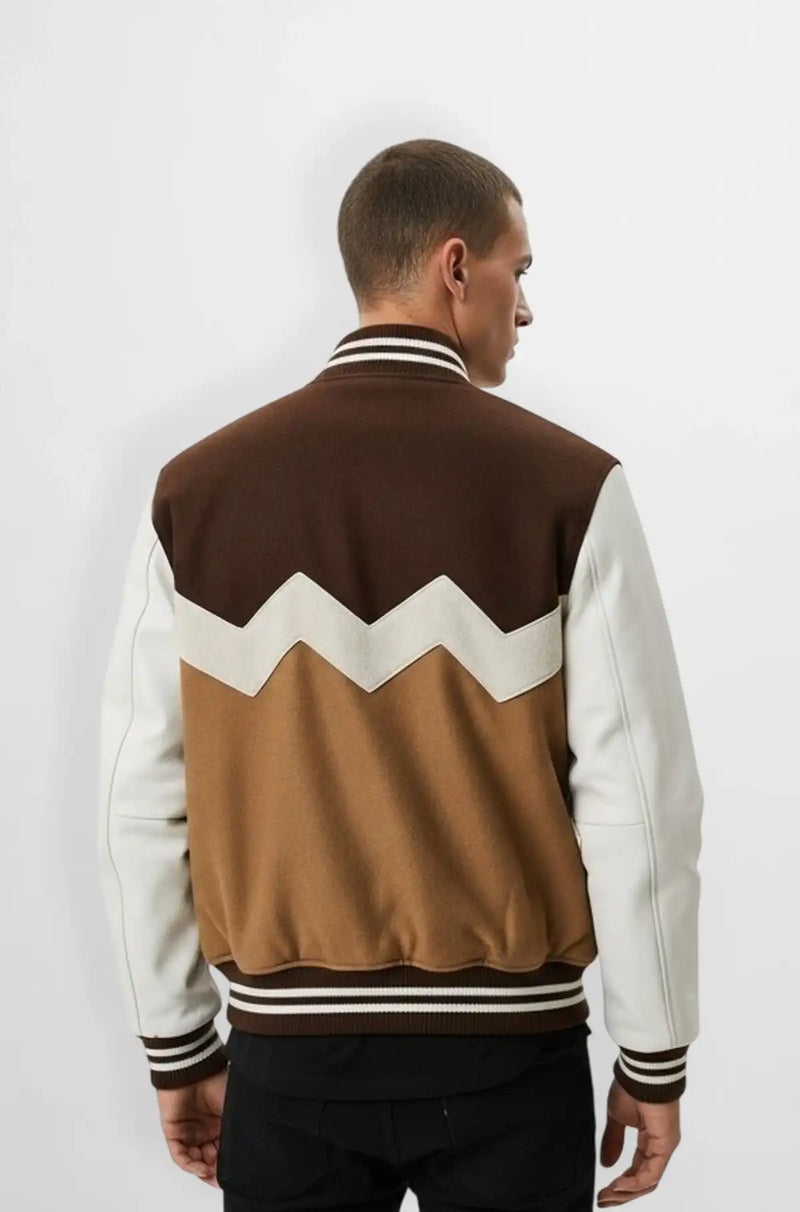 Zigzag Panel Varsity Leather Jacket Tricolor Edition
