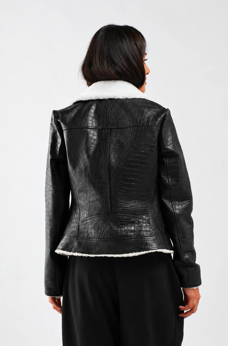 Black Crocodile Leather Biker Jacket